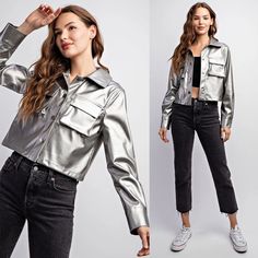 You'll Be Arriving Right On Time As The Life Of The Party In This Xena Metallic Jacket With Cargo Pockets! This Silver Metallic Pu Jacket Features A Color Neckline, Cargo Pockets, A Cropped Fit, And Functional Front Buttons. This Jacket Looks Great Paired With Jeans And Boots Or Dress It Up Over A Sweater Dress! Color: Silver Metallic Fabric: 100% Pu The Fit: Tts / Cropped Fit Sizing: Small - Us Women's 2-4 Medium - Us Women's 6-8 Large - Us Women's 10-12 Casual Metallic Outerwear For Party, Metallic Outerwear For Party, Trendy Metallic Outerwear For Fall, Metallic Outerwear With Pockets For Fall, Casual Metallic Outerwear For Fall, Casual Metallic Outerwear For Spring, Leather Jacket Cropped, Red Leather Coat, Cream Leather Jacket