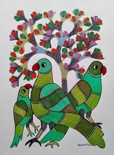 two birds sitting on top of each other near a tree with red and green leaves