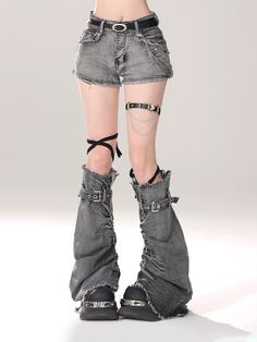 ❤︎Gray-and-blue denim A-line shorts + leg warmers❤︎ Half Shorts Half Pants, Leg Warmers Outfit Drawing, Cool Leg Warmers, Leg Warmer Boots, Jeans And Denim, How To Make Leg Warmers, Leg Warmers Drawing, Aesthetic Leg Warmers, Jeans Leg Warmers