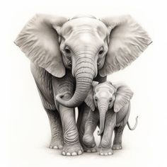 an adult and baby elephant standing next to each other in front of a white background