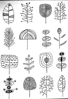 an image of different types of trees in black and white on a sheet of paper