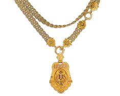 This Victorian-era two-tone gold locket necklace is adorned with delicate chased detailing and white diamond accents at the center. A braided gold chain adds richness and visual interest to this wonderful piece. Crafted of 12.8-13K gold.Late 19th century22" length Gold Locket Necklace, Antique Pendant, Gold Locket, Victorian Gold, Victorian Jewelry, Fine Jewels, Vintage Jewels, Exquisite Jewelry, Locket Necklace