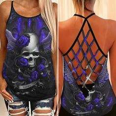 Gothic Tops Women, 2024 Purple, Costumes 2024, Cross Tank Top, Purple Skull, Skull Accessories, Girl Skull, Criss Cross Tank Top, Open Back Tank Top