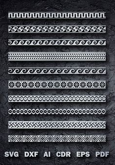 a set of decorative borders and dividers in white on black paper with the text svg dxfai creps