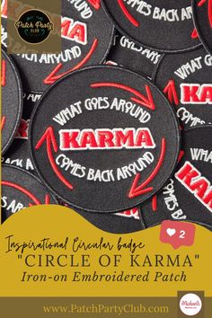 some black and red badges with the words karma on them