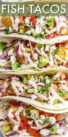 four fish tacos with lettuce, tomatoes and avocado on top