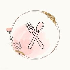 a plate with two forks and spoons on it next to a pink watercolor background