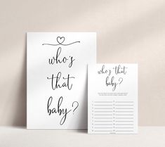 a card with the words who's that baby written on it next to an envelope