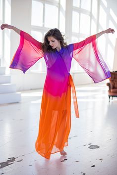 "Kimono dress made of chiffon fabric with color transition In purple and orange tones Transparent, light and airy \"Wings\" sewn into the sleeves, which complement the airy image of the dress Underwear dress included ➤ Features > dress length: 58,5 inches / 148cm cm ➤ Sizing My Size Guide in FAQ section below will help you define the perfect size match. The item can also be made according to your measurements - just message them to me. ➤ Delivery Your item is made-to-order and will be ready w Purple Chiffon Beach Dress, Long Chiffon Dress For Spring, Purple Maxi Chiffon Dress For Summer, Purple Chiffon Maxi Dress For Summer, Gradient Color Summer Party Dress, Bohemian Multicolor Maxi Chiffon Dress, Sheer Maxi Dress For Summer Festival, Flowy Multicolor Chiffon Maxi Dress, Summer Festival Sheer Maxi Dress