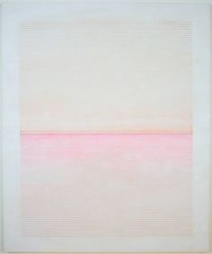 an abstract painting with pink and white lines on the bottom half of it, against a beige background