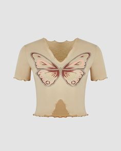 Details: Beige short-sleeve top with front butterfly printLength: NormalSleeve Length: Short sleevesMaterials:95% Polyester + 5% Spandex Casual V-neck Top With Butterfly Print, Summer Graphic Tee With Butterfly Print, Stretch Summer Tops With Butterfly Sleeves, Summer Stretch Tops With Butterfly Sleeves, Summer Tops With Butterfly Sleeves And Stretch, Casual V-neck Butterfly Print Tops, Trendy Short Sleeve T-shirt With Butterfly Print, Fitted Short Sleeve Top With Butterfly Print, Fitted Short Sleeve Beige T-shirt