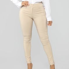 Workin Me Millenium Stretch Skinny Pants W/ Pockets Brand: Fashion Nova Color: Khaki Size: Medium Material: Millenium High Stretch 76% Rayon, 21% Nylon, 3% Spandex Closure: Double Button With Hook And Eye New With Tags Pet Free Smoke Free Home Beige Slim Fit Trousers, Beige Slim Fit Bottoms For Spring, Beige Slim Fit Bottoms For Work, Beige Stretch Business Casual Pants, Beige Stretch Bottoms For Business Casual, Casual Slim Fit Office Bottoms, Casual Slim Fit Bottoms For Office, Beige Stretch Dress Pants For Business Casual, Beige Stretch Mid-rise Bottoms