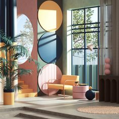 a living room filled with furniture next to a tall potted plant and large windows