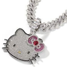 This dazzling Kawaii "Hello Kitty" pendant will add an aura of sophistication and exclusivity to any look. Exquisitely crafted with (grade 5) Sapphires, Rubies and Crystal Gemstones, the intricate micro-pave gives a luxurious non-stop bling look as it sparkles bright in every type of lighting and all atmospheres This set comes Complete with your choice of a single matching twisted rope style or Cuban link style chain in either gold or silver. This statement piece (Both The Pendant and Chain) com Hello Kitty Clothes Aesthetic, Hello Kitty Chain, Matching Pendants, Hello Kitty Necklace, Kitty Necklace, Kawaii Hello Kitty, Hip Hop Bling, Hello Kitty Jewelry, Diamond Tennis Necklace