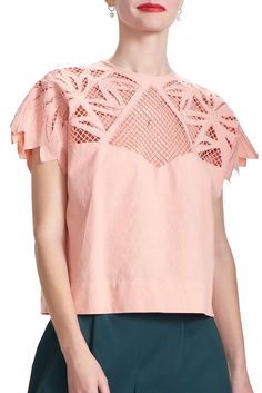 The Terri top is a tee shape with cutout embroidery and mesh along the top neck and shoulder. This style has a zipper in back. Content: Color: Pink Fits: relaxed Fit, take your regular size Sizes: XS-XL What we Love: Great neck detail on a clean shape Limited Edition, Made in India Patricija is 5'9" size 2 and is wearing a size S ~* ﻿THIS ITEM IS FINAL SALE *~ xs s m l length waist sweep Summer Hollow Out Short Sleeve Tops, Trendy Hollow Out Tops For Spring, Hollow Out Short Sleeve Summer Tops, Casual Lace Mesh Top For Spring, Casual Pink Mesh Top For Spring, Festive Fitted Pink Embroidered Top, Trendy Hollow Out Crew Neck Top, Casual Pink Mesh Top, Fitted Embroidered Pink Tops