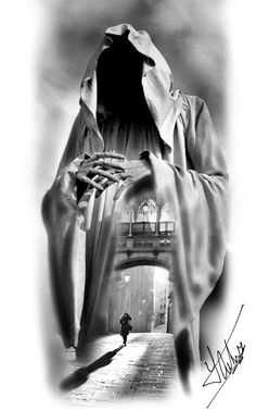 a black and white photo of a person walking down a street with a veil over their face