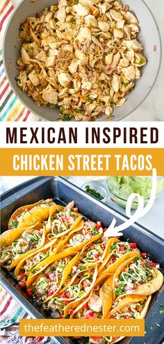 mexican inspired chicken street tacos in a pan with the title overlay above it