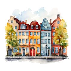 a watercolor painting of some buildings with trees