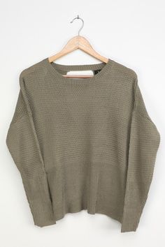 Lulus Exclusive! We've double checked and the Lulus Cross Reference Sage Green Oversized Backless Sweater comes up as cute every time! Textured sweater knit creates a rounded neckline, an oversized bodice, and long sleeves with drop shoulders and fitted cuffs. Wide back cutout is formed by two overlapping panels for a fun finish! Ribbed knit at the neckline, cuffs, and long hem. Fit: This garment fits true to size. Length:  Size small measures 23.25" from shoulder to hem. Bust: Great for any cup Casual Chunky Knit Top With Batwing Sleeves, Oversized Long Sleeve Top For Winter, Oversized Chunky Knit Tops For Spring, Casual Textured Knit Long Sleeve Top For Winter, Long Sleeve Waffle Knit Sweater For Fall, Trendy Waffle Knit Top For Winter, Oversized Crew Neck Long Sleeve Top For Winter, Oversized Cable Knit Tops For Layering, Oversized Cable Knit Tops For Spring