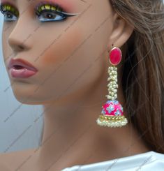 Meenakari Jacki Jhumkis Earrings Photography Jewelry, Traditional Outfit, Jhumki Earrings, Pearl Cluster, Magenta Pink, Outfit Style, Jewelry Pouch, Base Metal, Traditional Outfits