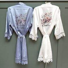 A simple and elegant floral design on soft thick matt silk lace robe.  Adult Robes come in three sizes-  * Please check size chart in photos * Petite - size 4 to 8 Regular - size 10 to 16 Plus size - size 16 to 22 * I would going for a plus size if you are big busted*   Each one is made to order so no refunds unless faulty. Please ensure you provide me with the correct spelling and date. Please order each colour and size required. White robes for brides is not automatic. I will make each robe on White Robes, Bride Dressing Gown, Gown Bridesmaid, Wedding Robe, Silk Lace, Bridesmaid Robes, Womens Robes, Dressing Gown, Bride To Be