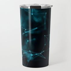 a black and blue metal travel mug with an abstract design