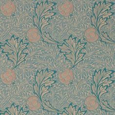 a blue and green wallpaper with leaves and flowers on it's side,