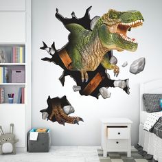 a dinosaur breaking through the wall with its mouth