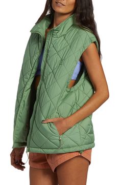 This waterproof quilted vest is a cozy layering option with its slightly oversized fit and handy zip pockets for carrying essentials. Front zip closure Stand collar Front zip pockets Lined, with synthetic fill Waterproof 100% recycled polyester Machine wash, tumble dry Imported Quilted Puffer Vest, Quilted Vest, Puffer Vest, Billabong, Stand Collar, Zip Pockets, Puffer, Nordstrom, Collar