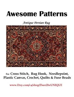 the cover of awesome patterns for cross stitch rugs, needlepoint, plastic canvass, crochet, quilts & more