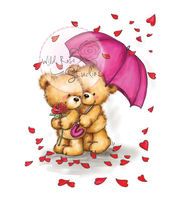 two teddy bears are holding an umbrella