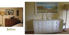 before and after photos of a white dresser in a living room with pictures on the wall