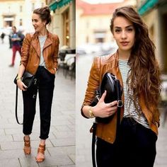 Moda Casual Chic, Look Working Girl, Black Linen Trousers, Tan Leather Jackets, Style Casual Chic, Boating Outfit, Leather Jacket Outfits, Real Leather Jacket, Nova York