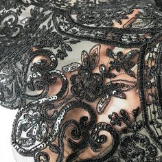 "vintage black alencon lace with sequins beaded fabric 47\" wide floral fabric Width about: 47.2\" (120 cm) This listing is for 1 yard. Use for neckline, shoulder belt, pillowcase, dresses, gifts, bags decoration, party dress, curtains, skirt bottoming, home decor and other projects you could imagine. Ideal for bridal, bedding, lingerie, dolls, hats, bows, kid's clothes, handcraft accessory, etc. Notice: Note: 1 yard = 91 cm; 1\" = 2.54 cm For more quantity, please feel free to convo me for cust Black Lace Fabric, Sequins Fabric, Lace Bolero, Lace Accessories, Lace Mask, Bridal Lace Fabric, Bridal Jacket, Alencon Lace, Fabric Beads