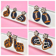 Elevate your game day style with our Navy Blue and Orange Beaded Game Day Earrings, available in three fabulous styles: football, helmet, and foam finger! Whether you're a proud football mom, a spirited cheer mom, or simply a die-hard fan, these earrings are the perfect accessory to show your team spirit in style. Crafted with meticulous attention to detail, each earring features vibrant royal blue and blue beads arranged in the shape of a football, helmet, or foam finger, adding a playful touch Orange Games, Foam Finger, Mom Earrings, Game Day Football, Football Earrings, Navy And Orange, Pep Rally, Football Helmet, Cheer Mom