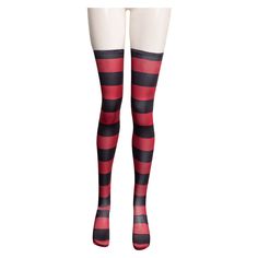 the legs of a woman wearing red and black striped tights with stockings on them