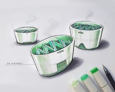 the drawing shows three cups with different designs on them, one is green and the other is white