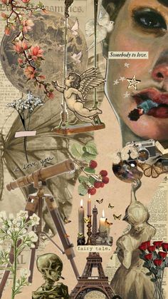 the collage is made up of many different pictures and words, including an image of a woman's face