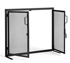 an open black fire door with mesh screen on the front and side panels, isolated against a white background