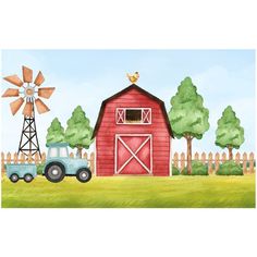 a farm scene with a red barn, tractor and bird on top of the barn