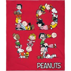 the peanuts gang fleece blanket is shown in various positions and sizes, including characters