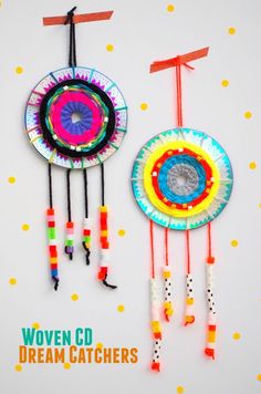 two colorful handmade dream catchers on a white background with polka dots and the words woven co dream catchers