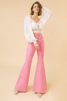 A solid twill bell bottom pant Details Self: 97%Cotton, 3% Spandex Size & Fit - Model is 5`8" And Wearing Size Small - Measurements Taken From Size Small - Approx. Length: 44" Cotton Fitted High-waisted Flare Jeans, Fitted High-waisted Cotton Flare Jeans, Feminine Fitted High-waisted Wide Leg Pants, Fitted Wide-leg Cotton Jeans, Fitted Cotton Wide-leg Jeans, Pink High Waist Flare Jeans Chic Style, Trendy Fitted Wide Leg Cotton Pants, Feminine Fitted Cotton Bottoms, Feminine Fitted Wide Leg Bottoms