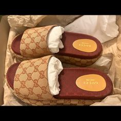 Brand New! Size 38.5 = Us 8.5 Color: Beige/Brick Red Gg Canvas Ready To Ship There Is A Slight Flaw To The Left Shoe In The Heel Area See Pic Below. Comes With Original Box And Gucci Dust Bag 100% Authentic Offers Accepted But Please Consider Posh Fees When Sending An Offer#Nolowballoffers Luxury Red Gucci Sandals, Gucci Red Open Toe Sandals, Gucci Red Round Toe Sandals, Luxury Red Gucci Slides, Gucci Open-toe Sandals With Padded Heel, Styling Women, Gucci Women, Shoes Gucci, Brick Red