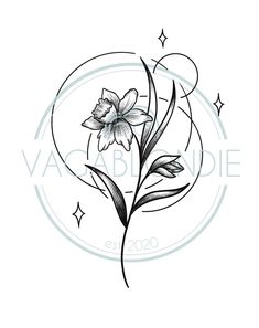 a black and white drawing of a flower with stars on the side, in a circle