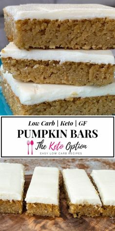 pumpkin bars with white frosting stacked on top of each other in front of a wooden cutting board