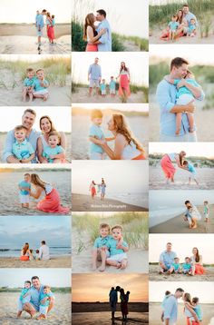 a collage of family photos on the beach at sunset with sand dunes in the background