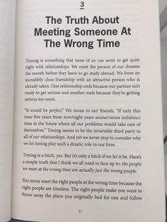 an open book with the words, truth about meeting someone at the wrong time