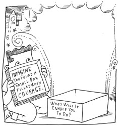 a cartoon character holding up a sign in front of a box with the words imagine what you are doing to do