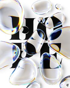 soap bubbles floating in the air over a black and white background with letters below them